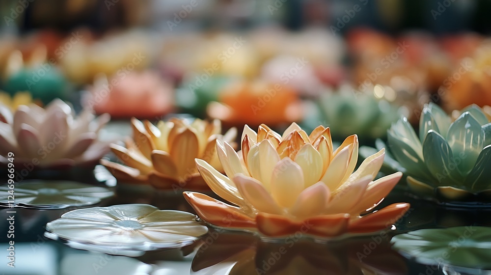 Poster exquisite colorful floating lotus flowers in tranquil water garden setting : generative ai