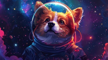 Cartoon dog face with an astronaut suit, galaxy background with stars