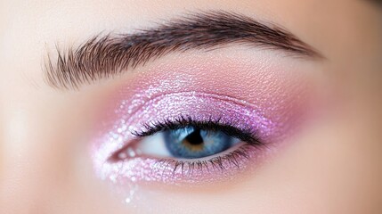 Obraz premium Close-up eye makeup, shimmery pink eyeshadow, blue eye, beauty