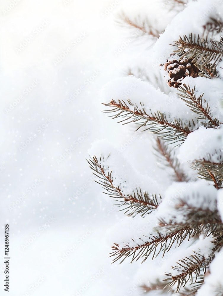 Poster Snow Covered Pine Tree Branches in Winter Wonderland with Soft Snowfall : Generative AI