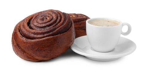 Delicious cinnamon rolls and cup of coffee isolated on white