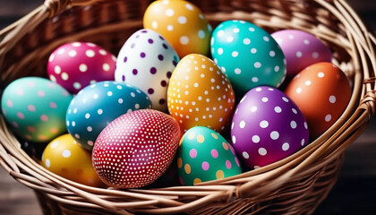 Colorful easter eggs in a wicker basket. 