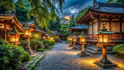 Fototapeta premium Serene Japanese Shrine at Night: Glowing Lanterns, Lush Greenery, Ornate Woodwork