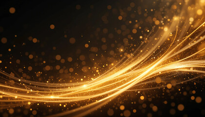 Abstract golden light bokeh with sparkling glitter and glowing stars in a festive holiday design.