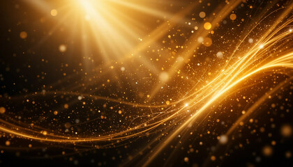 Abstract golden light bokeh with sparkling glitter and glowing stars in a festive holiday design.