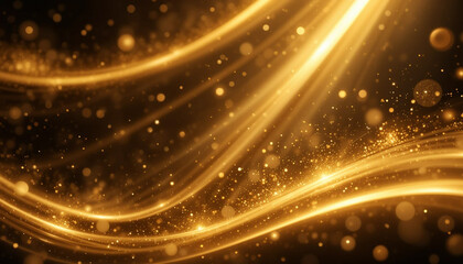 Abstract golden light bokeh with sparkling glitter and glowing stars in a festive holiday design.