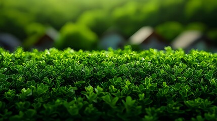 Lush Green Hedge with Blurred Houses Background