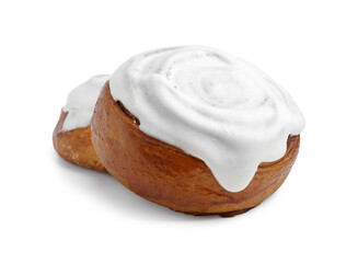 Tasty cinnamon rolls with cream isolated on white