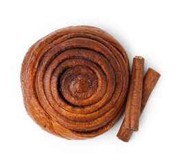Tasty cinnamon roll and sticks isolated on white, top view