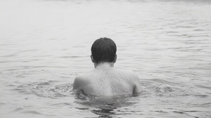 Fototapeta premium Person swimming in a calm, misty water body. Possible use Stock photography for articles, books, or blogs related to outdoor activities, nature, and people
