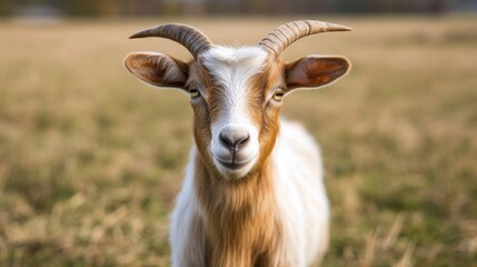 Portrait of a goat in a golden field.  Possible use Stock photo for agricultural themes, nature, animals