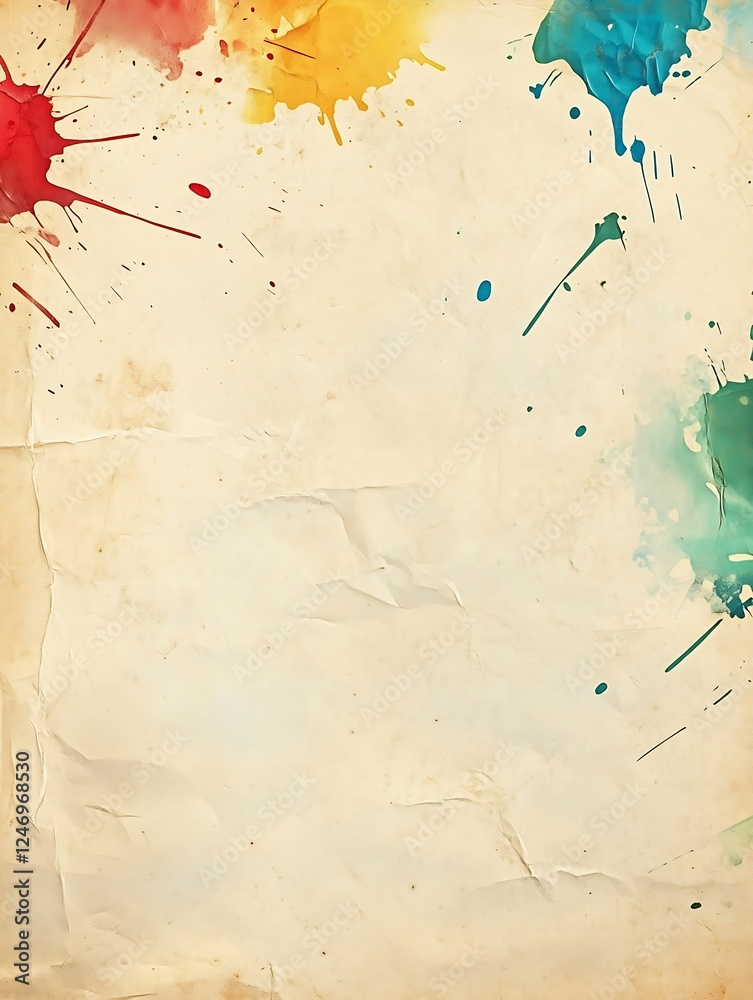 Poster creative splatter art background with bright paint splotches on aged wrinkled paper surface : genera