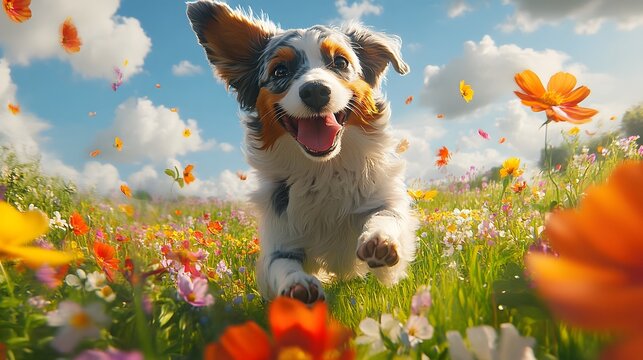 Playful puppy running through a vibrant flower filled meadow on a sunny day