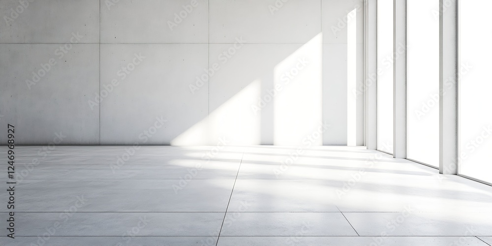 Poster modern minimalist concrete room with sunlight streaming through large windows : generative ai