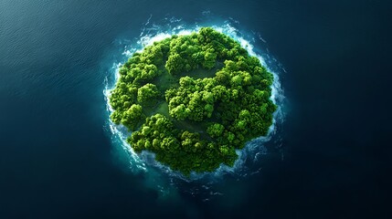 Fototapeta premium Lush Green Island in Dark Blue Ocean Aerial View