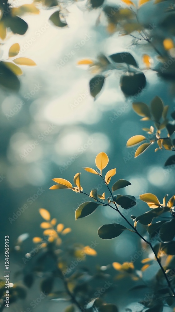 Aufkleber Sunlit leaves creating a serene and tranquil forest background with bokeh effect : Generative AI