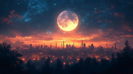 Vibrant city skyline under luminous full moon with colorful clouds and stars illuminating twilight sky

