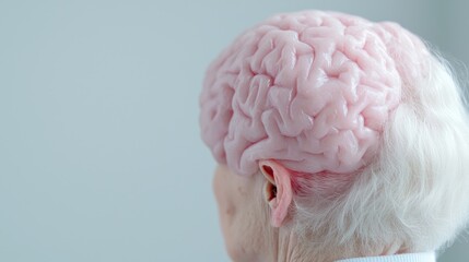 Obraz premium Elderly woman, brain model, medical study, neutral background, healthcare
