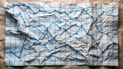 Crumpled Graph Paper with Blue Line Chart and Grid Background