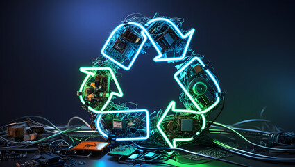 Neon recycling symbol made from electronic components glows on a dark surface in a tech-inspired setting