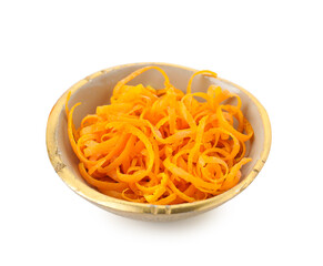 Fresh orange zest in bowl isolated on white