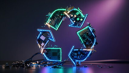 Innovative recycling concept featuring circuit boards in vibrant light design for technological sustainability