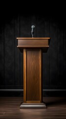 Wooden Podium with Microphone in Dark Room Public Speaking Conference Presentation Ev