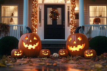 Obraz premium A festive Halloween scene featuring large pumpkins decorated with LED lights