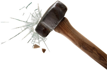 Powerful hammer shattering a glass pane in a dramatic display of force and impact
