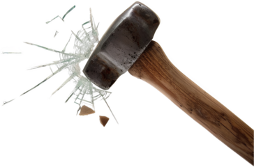 Powerful hammer shattering a glass pane in a dramatic display of force and impact