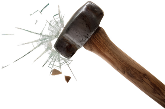 Powerful hammer shattering a glass pane in a dramatic display of force and impact