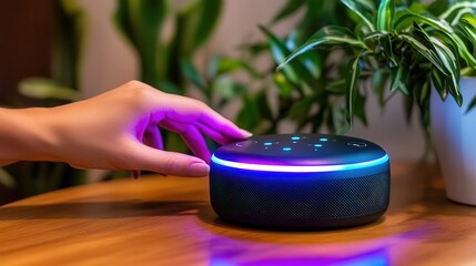 Voice assistants enable seamless interaction with smart devices. Smart speaker being activated with a hand touch in a cozy setting.