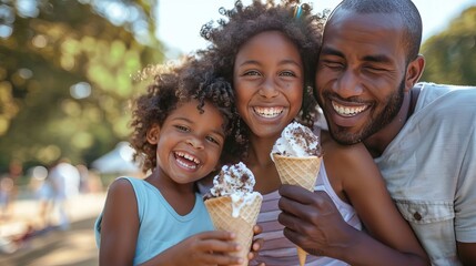 Happy Family Eating Ice Cream Outdoors Summer Fun Kids Dessert Happiness
