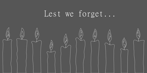 Lest we forget. Remembrance Day poster. Candles on grey remembrance banner.