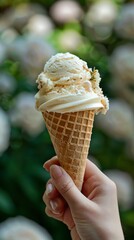 Hand Holding Delicious Vanilla Ice Cream Cone with Sprinkles and a Flower