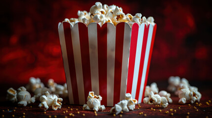 Delicious popcorn in classic striped tub, surrounded by scattered kernels, evokes fun and festive atmosphere