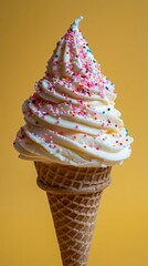 Delicious Vanilla Ice Cream Cone with Sprinkles on Yellow Background