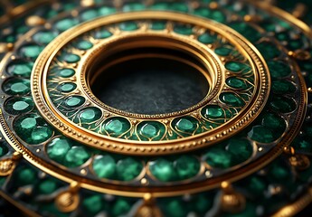 Obraz premium Ornate circular piece with rich green gemstones set in intricate gold detailing
