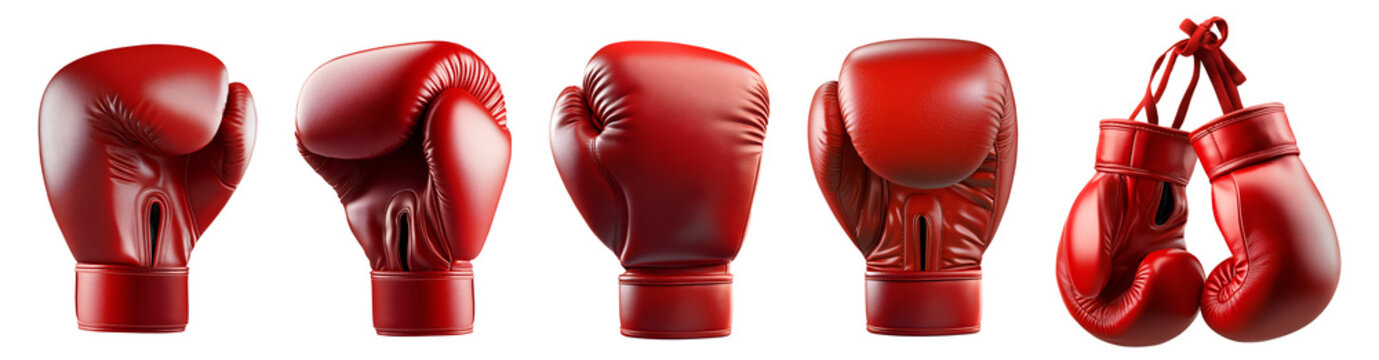 Set of red boxing leather gloves, front back side, hanging view on transparent cutout PNG file. Many different angle. Mockup template for artwork design
