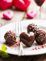 Valentine's Day Chocolate Truffles with Heart Shaped Decor and Romantic Ambiance on Plate : Generative AI