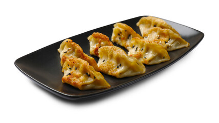 Tasty fried gyoza dumplings isolated on white