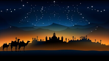 Fototapeta premium Camel Silhouette Against Desert City and Starry Night Sky