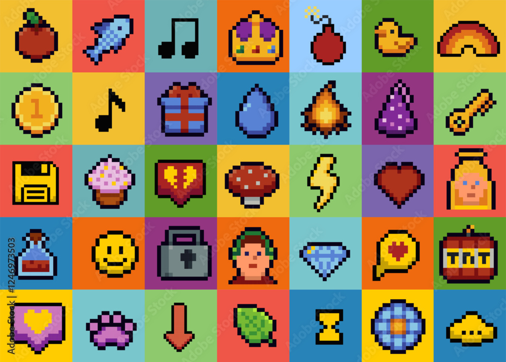 Poster set of pixel art speech bubbles and icons. retro game style dialogue box and elements vector collect