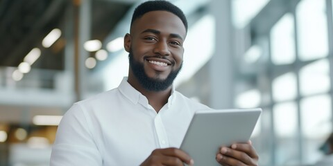 Obraz premium A man with a beard is smiling and holding a tablet. Concept of happiness and positivity, as the man is enjoying himself while using the tablet