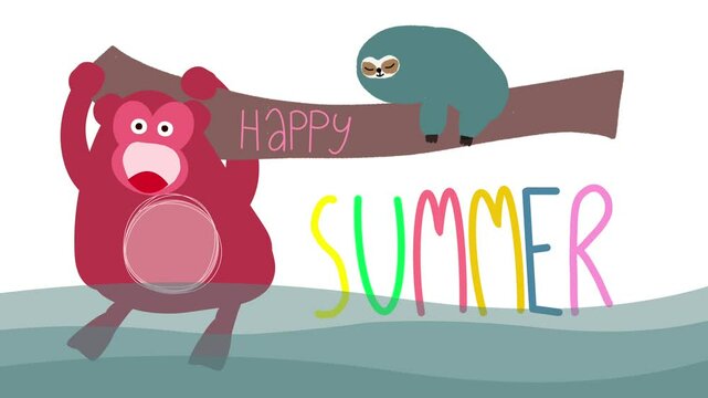 Animated monkey and sloth at the beach celebrating "Happy Summer" in a vibrant scene.


