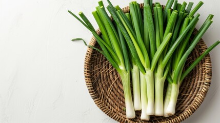 a basket filled with fresh leek. empty space for your text