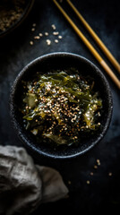 Seaweed wakame salad with sesame seeds in a ceramic bowl on a dark background. Asian-inspired side dish served in rustic tableware, dark moody style