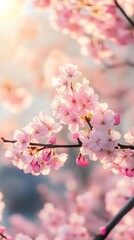 Fototapeta premium Blooming Pink Cherry Blossoms in Soft Sunlight Capturing Spring Beauty : Generative AI