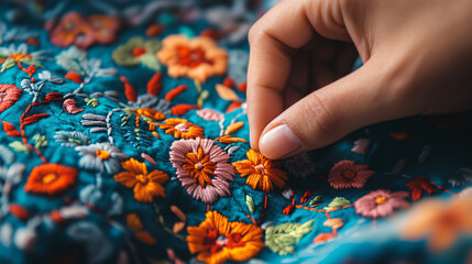 A close-up of hands skillfully embroidering a vibrant floral design onto fabric.