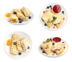 Different tasty crepes isolated on white, set